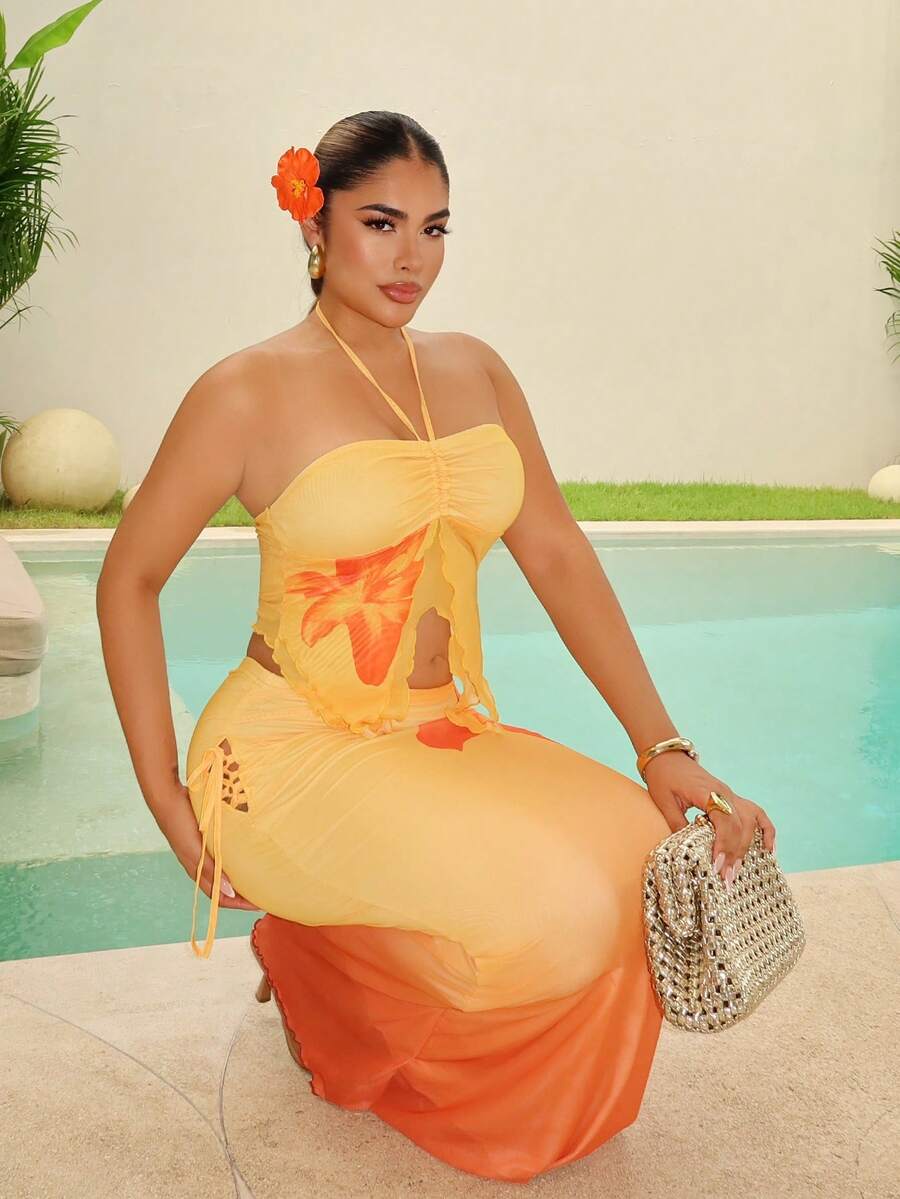 Maria Perezxox 新款波西米亚热带度假风优雅无肩带印花网纱露脐上衣和百褶裙两件套，适合海滩婚礼、毕业典礼、早午餐、圣帕特里克节、春假、复活节、音乐节等场合。 - 橘色 - 查看 1