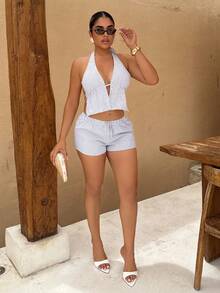 Maria Perezxox Áo ba lỗ hở lưng hở lưng cổ chữ V sâu bằng vải lanh sọc xanh trắng và quần short đi biển đơn giản, dễ thương, thanh lịch, lãng mạn, gợi cảm dành cho phụ nữ - Xám - Xem 1