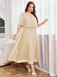 Modelyn Plus Size Women Solid Color Round Neck Fashionable Date Party Dress - Apricot - View 7