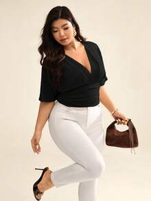Auralis Plus Size Solid Color Minimalist V-Neck Short Sleeve T-Shirt, Casual Everyday Wear - Navy Blue - View 6