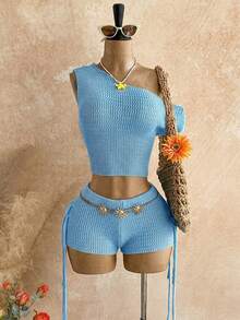 Soleia Women's Summer Beach Vacation Solid Color Asymmetrical Collar Fitted Cropped Knit Top And Fringe Shorts 2 Pieces Set - Blue - View 4
