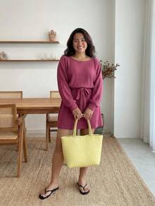 Enliva Plus Ribbed Knit Belted Dress,Autumn Clothes ,Winter Clothes ,Casual Dresses For Women ,Friendly To Round Body Curves - Red - View 5