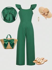 SHEIN Girls' Jumpsuit, Hollow Back Design, Decorative Big Bow, Cap Sleeve, Suitable For Casual Daily Wear In Spring/Summer - Green - View 6
