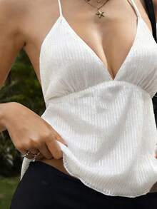 INAWLY Women's Sexy Backless Beaded Halter Top, Summer - White - View 1