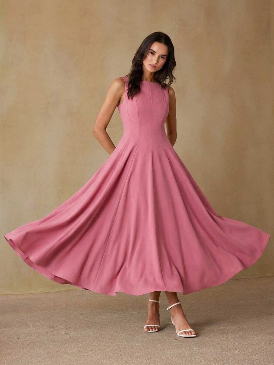 Aveloria Modichic Fashionable Design Sense Casual Commute Waist-Cinched Sleeveless Solid Color Dress - Pink - View 1