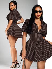 Radiana 女士春夏休闲短袖咖啡棕色条纹衬衫裙，百搭复古风，适合通勤、办公、日常休闲、购物、聚会等场合。 - 咖啡棕 - 查看 9