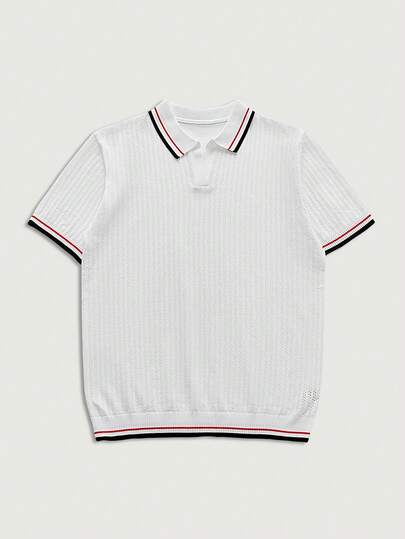 Courvante Áo thun nam tay ngắn in sọc tương phản, cài nút, kiểu dáng thường ngày.