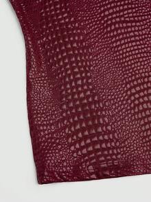 Sweetra 新款时尚酒红色鳄鱼纹压花PU涂层弹力街头风派对夜店通勤日常修身背心，女款，春夏 - 酒紅色 - 查看 4