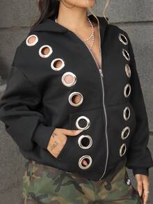 Rayane Ketlyn 时尚休闲孔眼设计宽松前开式保暖内衬连帽运动衫 - 黑色 - 查看 4