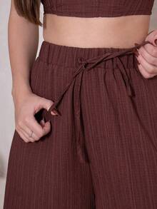 Duda Rubert Bộ quần vải họa tiết xương cá giản dị mùa xuân/hè mới & quần ống rộng có túi 2 món - B - Cà phê nâu - Xem 4