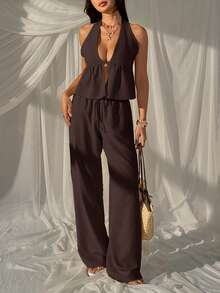 SHEIN EZwear Bộ đồ đi nghỉ mát thường ngày dành cho nữ, gồm áo hai dây cổ chữ V sâu màu nâu dệt kim và quần dài. Bộ trang phục đi nghỉ mát cho nữ, bộ đồ dự tiệc cho nữ, bộ quần áo nữ. - màu nâu - Xem 5