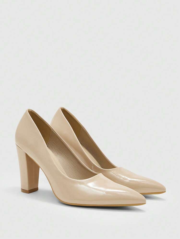 CUCCOO BIZCHIC Women's Apricot Elegant Pointed Toe High Heel Pumps, Sexy Patent Leather Thick Heels Versatile Pumps, Charming Party Sexy Chunky High Heels Fashion Pumps, Suitable For Office, Outdoor, Wedding, Banquet, Party, Spring, Easter