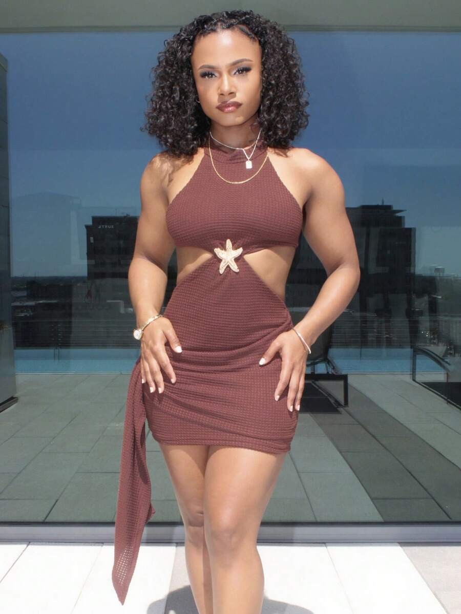 Steph T New Vacation Halter Waist Hollow Out Fitted Flowy Mini Dress, Bohemian, Boho, Vacation, Fall Women Clothes, Vintage, Holiday Brown Party - Brown - View 1