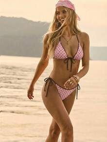 Aralina Summer Resort Vacation Beach Floral Print Tie Front Triangle And Tie Side Bikini Two Pieces Set With Swim Bag - Pink - View 3