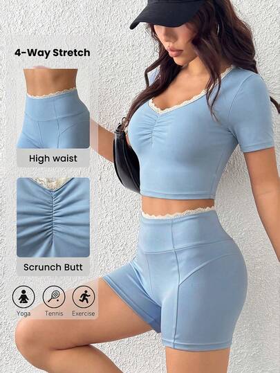 SHEIN Dewbera 2pcs Women's Sports Set, V-Neck Patchwork Ruffle Short Sleeve Cropped Top And Waist Patchwork Ruffle Tight Shorts, Suitable For Daily Casual, Running, Yoga, Gym, Tennis, Golf And Other Activities
