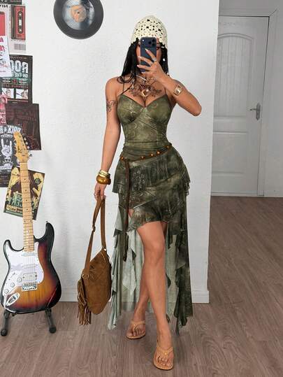 Coolane Đầm nữ mùa hè phong cách đường phố, trang phục nghỉ lễ miền Tây, phong cách boho, họa tiết hoa, thoải mái, co giãn, màu xanh ô liu, dáng suông, bất đối xứng.