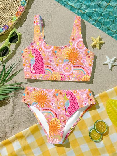 Vintage Boho Set, Pastel Colorful Girlish, Retro Artistic Leopard & Sun God Print, Y2K Tween Girl Casual Minimalist Tankini Swimwear Set, Suitable For Summer