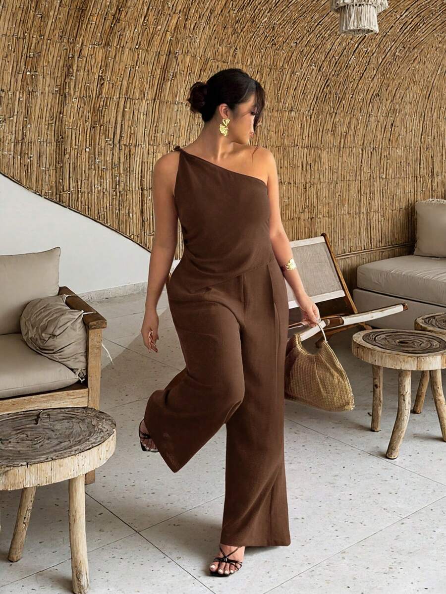 Firerie Bộ đồ nữ cỡ lớn phong cách đường phố thường ngày, màu trơn tối giản, áo lệch vai và quần cạp chun, bộ quần áo đi làm hàng ngày, trang phục công sở nữ, bộ đồ nữ màu sắc, trang phục xuân hè, đi làm, thanh lịch, trang phục công sở, Ngày Nhà giáo - màu nâu - Xem 1
