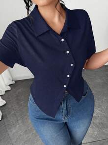Elenzga 大码女式修身T恤，休闲夏季款 - 寶藍色 - 查看 6
