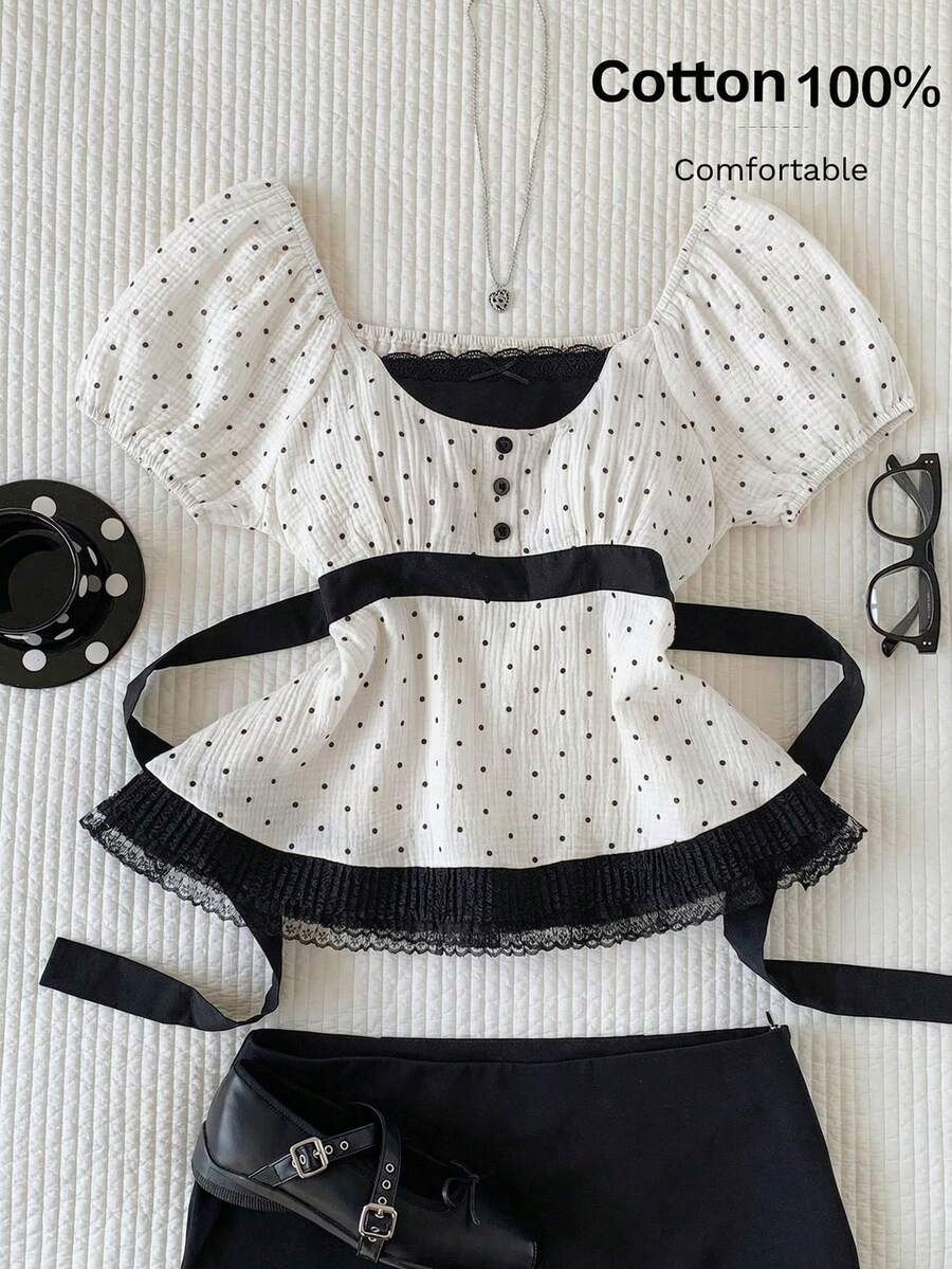 Comfortcana 女士夏季休闲撞色波点印花系腰衬衫 - 白色 - 查看 1