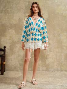 Arave Women's Loose Batwing Knitted Cardigan, Faux Cashmere Texture, Handmade Hollow-Out Patchwork Design - Multicolor - View 2