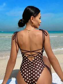 Swim Vcay 女士波点印花系带露背连体泳衣，夏季海滩度假款 - 彩色 - 查看 1