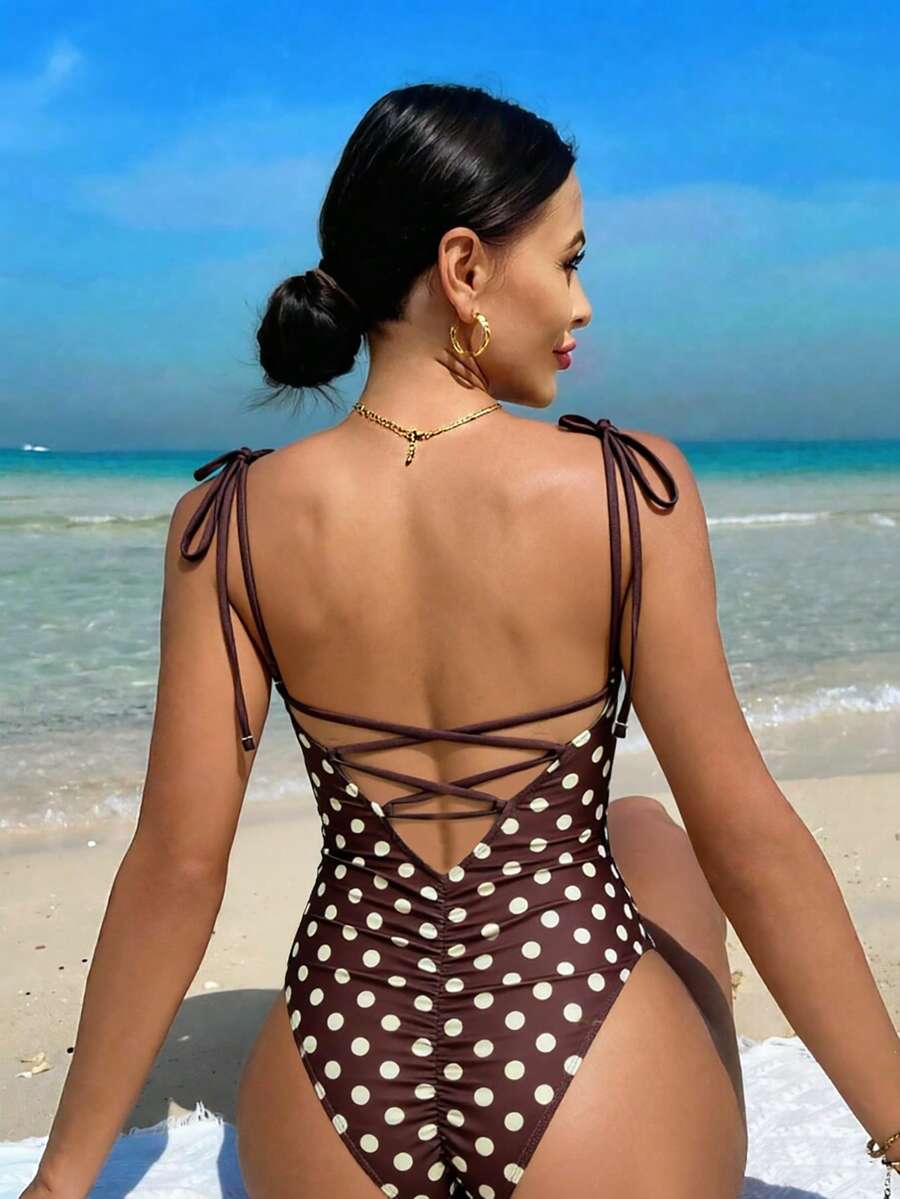 Swim Vcay 女士波点印花系带露背连体泳衣，夏季海滩度假款 - 彩色 - 查看 1