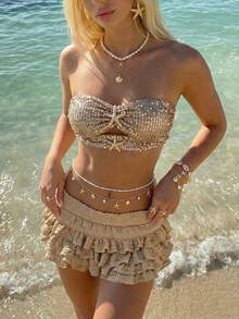 Sundraya Top tubo sexy y versátil para una noche de cita con decoración de lentejuelas y metal para mujer - Caqui - Ver 3