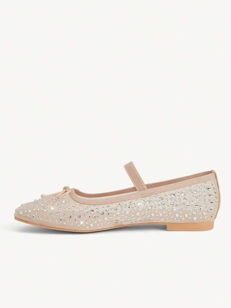 CUCCOO CHICEST Women Shoes Spring And Summer Fashion Apricot Full Diamond Mesh Yarn Small Bow Elastic Band Women's Flat Shoes Elegant Comfortable Breathable Cute Sweet Mary Jane Flat Women's Shoes