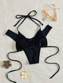 Swim Basics Summer Beach Halter Triangle Bikini - Black - View 6