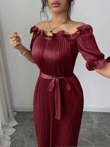 Modelyn Gaun Lengan Pendek Warna Champagne dengan Hiasan Rumbai di Bahu, Elegan untuk Wanita - Burgundy - View 7
