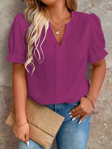 EMERY ROSE Plus Size Women's Solid Color V-Neck Casual Versatile Daily Wear Shirt - Red Violet - View 4