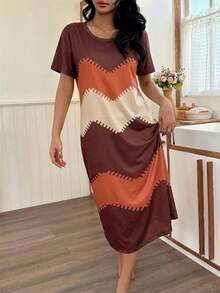 SHEIN 女士数码印花波浪纹休闲短袖睡裙 - 棕色 - 查看 3