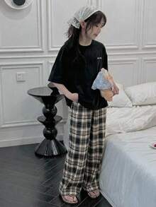 Dazy Kids Tween Girl Round Neck Short Sleeve Top And Plaid Print Pants Pajama Loungewear Set Summer - Black - View 6