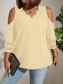 Plus Size Solid Color V-Neck Shell Trim Hollow Casual Shirt - Yellow - View 4
