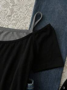 Teen Girl 2 In 1 Letter & Hand Print Fitted Casual T-Shirt - Grey - View 3