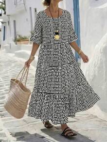 SHEIN LUNE Black And White Polka Dot Crewneck Midi Dress,Plus-Size Women's Summer Boho Vacation Holiday Dress For Casual,Daily Wear,Office And Parties - Black and White - View 5