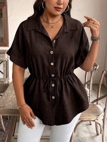 Weeklong Zanzea Women's Plus Size Brown Summer Smart Casual Blouse,Drawstring Waist Button Up Shirt,Elegant Vintage Textured Fabric Tops For Vacation,Party - Brown - View 3