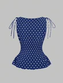 Sweetra Áo camisole nữ cỡ lớn kiểu retro thanh lịch chấm bi Pháp, dây thắt nơ, eo thon, thích hợp cho các lễ hội âm nhạc, kỳ nghỉ và mặc hàng ngày. - Màu xanh hải quân - Xem 2