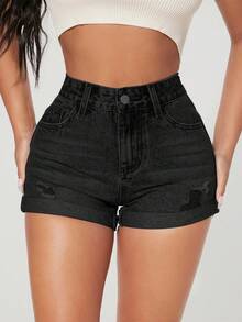 SHEIN PETITE Summer Casual Washed Distressed Slim Fit Denim Shorts Everyday Black ,Petite Women - Black - View 3