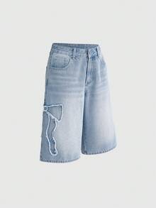 ROMWE Casual Frayed Hem Bow Denim Shorts, Light Blue - Blue - View 1