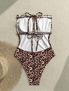 Soleia 女士豹纹系带露背抹胸连体泳衣，度假海滩 - 彩色 - 查看 2