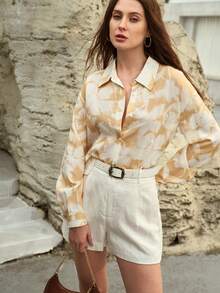MOTF PREMIUM WOMEN'S LINEN PRINTED OBLIQUE PLACKET SHIRT - Yellow - View 4