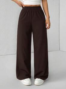 SHEIN PETITE Pantalones acampanados de cintura alta con costillas y tiras en las axilas para mujer - Marrón - Ver 4