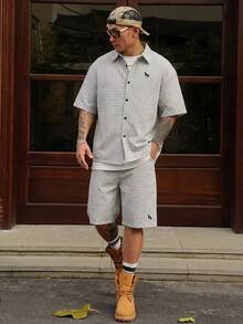 DAZY 2pcs/Set Men's Plaid Pattern Embroidered Short Sleeve Shirt Set - Multicolor - View 1