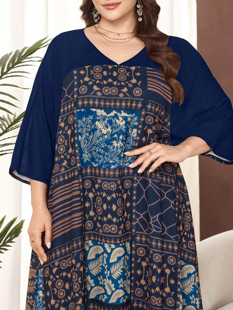 Lacomfia Plus Size Women's Spring/Autumn Floral Print Patchwork Loose 3/4 Sleeve Summer Vacation Modest Navy Blue Long Elegant Formal Dress - Navy Blue - View 1