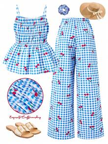 SHEIN Sparklyn 2pcs/Set Teen GirlCasual Camisole Top And Wide Leg Pants Set, Summer - Blue - View 2