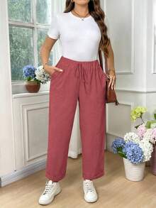 EMERY ROSE Plus Size Women Casual Solid Color Cotton Fold-Over Pants Fall - Pink - View 8