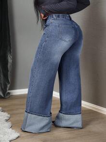 SHEIN Tall CURVE 大码女式阔腿牛仔裤 - 淺色水洗藍 - 查看 4