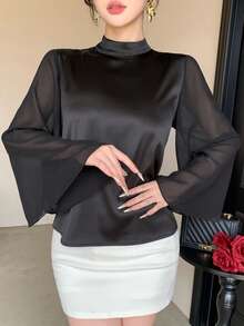 女士纯色立领休闲百搭日常长袖衬衫 夏季 - 黑色 - 查看 7